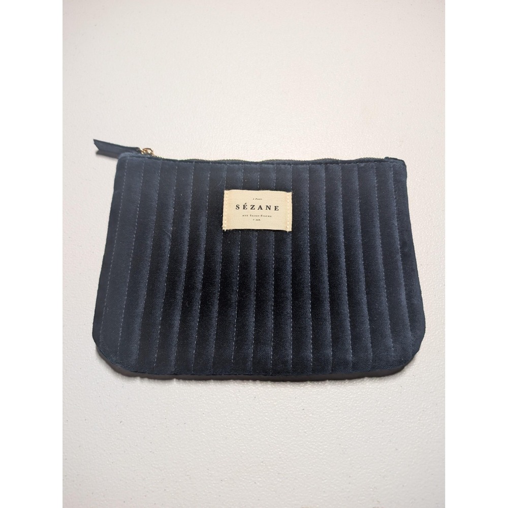 Sézane Clutch Bag Womens Small Blue Cotton Quilted Striped Zip Pouch Lined